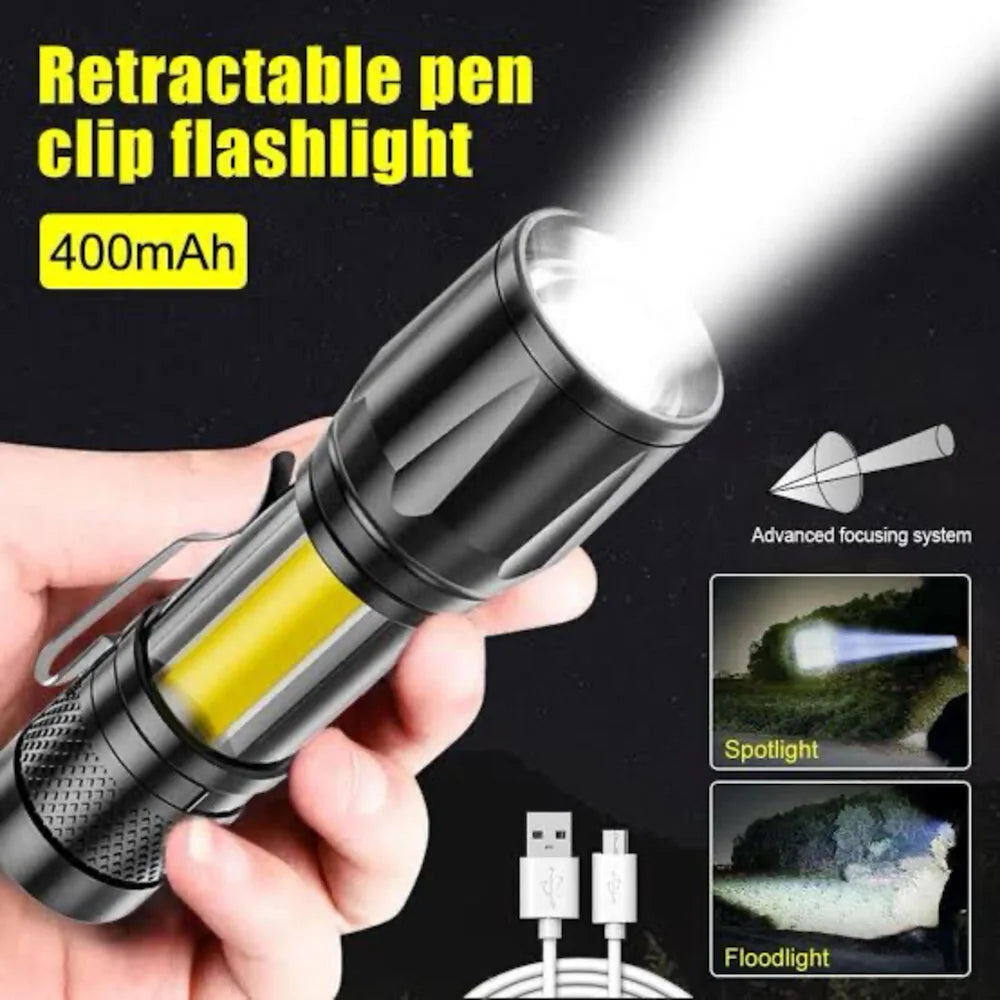 Mini Torch Light Waterproof Portable LED COB Flashlight USB Rechargeable 3 Modes Light Flashlight with Long Range